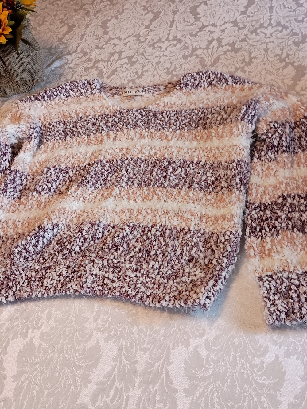 Knox Rose Cream and Mauve Striped Bouclé Crew Sweater
